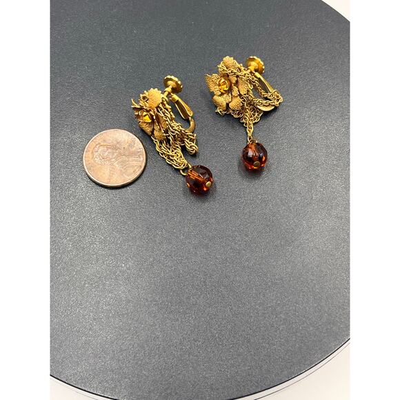Miriam Haskell Vintage Signed Amber Crystal Floral Screw Back Chain Drop Earring - Picture 7 of 9
